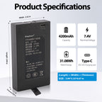 KingSener ZNS-091 4200mAh 7.4V smart door lock Li-ion battery dimensions 3.99x2.32x0.67in, Type-C 5V 2A charging port specs