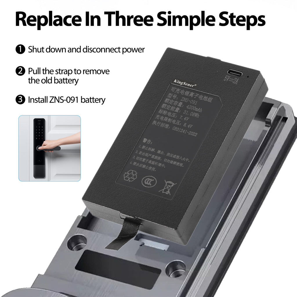 KingSener ZNS-091 7.4V smart door lock battery 3-step replacement: shut down, pull strap remove old, install new ZNS-091