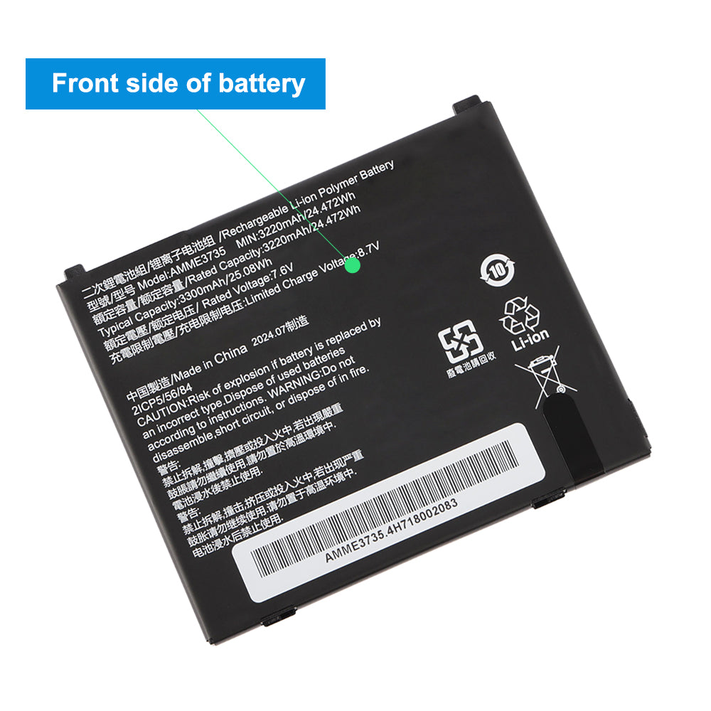 Front side of AMME3735 battery showing model label and Li-ion certification markings