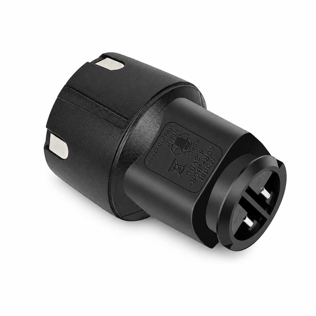 Andis AGR-BGR rechargeable battery on a pure white background, showing its black cylindrical housing, metal contacts, connector end, and molded identification markings.