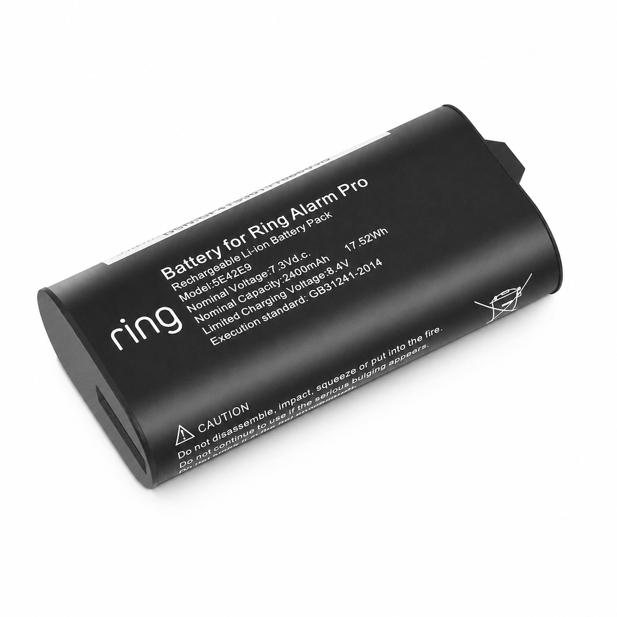 Ring Alarm Pro 5E42E9 rechargeable lithium-ion battery pack on a pure white background, with printed model, voltage, capacity, energy, and safety markings visible.
