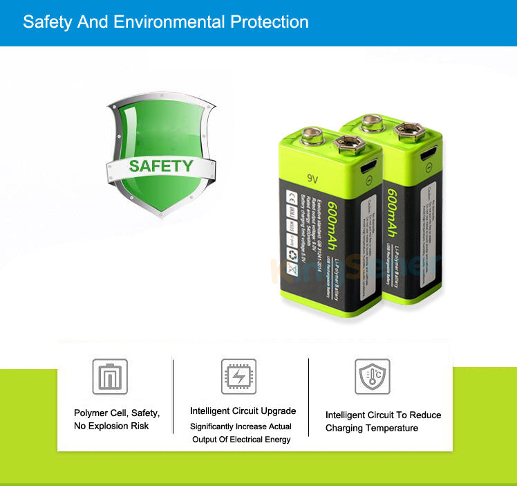 9V 400mAh USB Rechargeable 6F22 Battery For Walkie-Talkie Thermometry Gun Smoke Detector Security Detector | KingSener