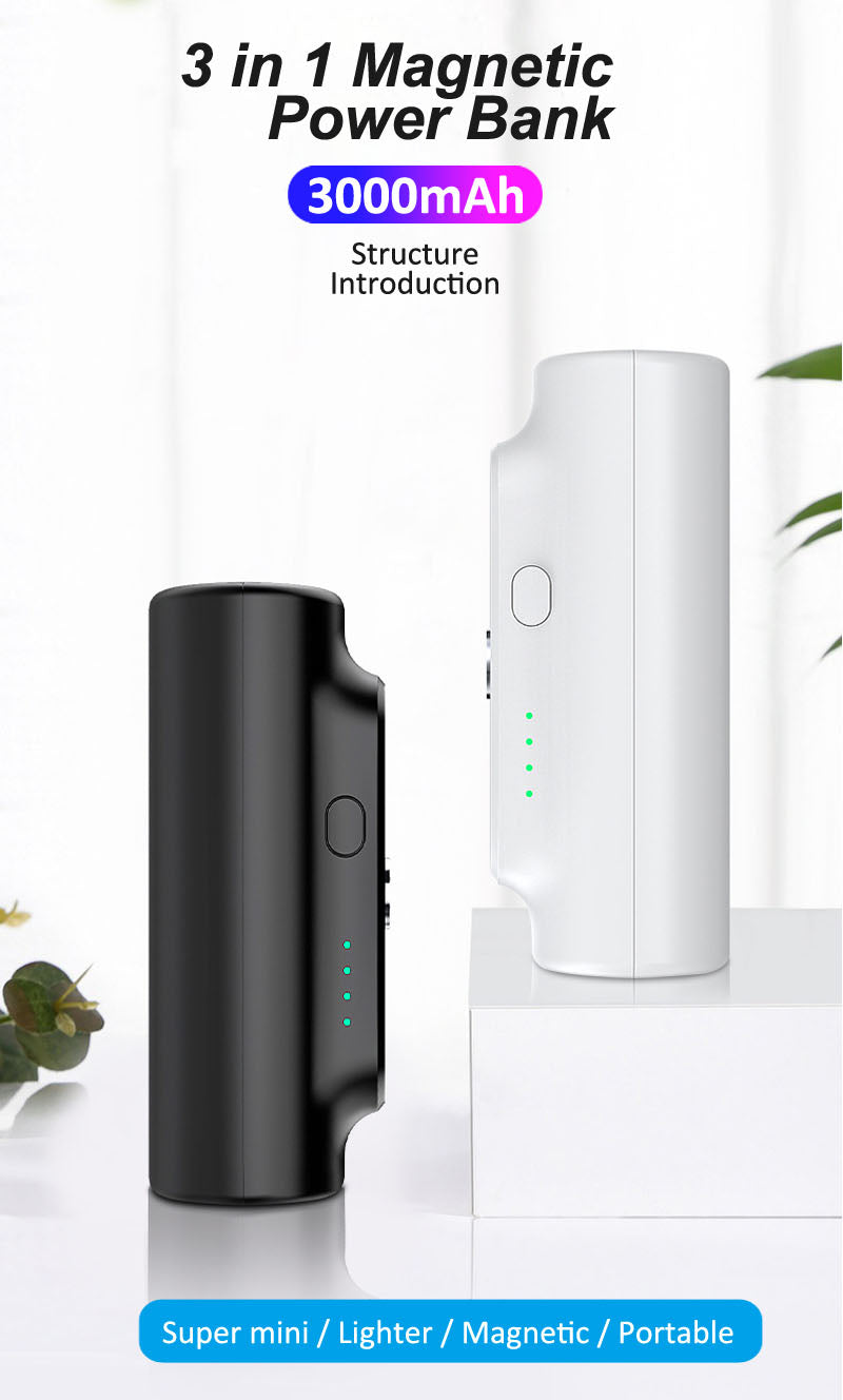 M-01 Magnetic Power Bank 3000mAh — 3-in-1 Mini Wireless Charger for iPhone Android