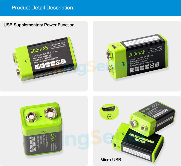9V 400mAh USB Rechargeable 6F22 Battery For Walkie-Talkie Thermometry Gun Smoke Detector Security Detector | KingSener