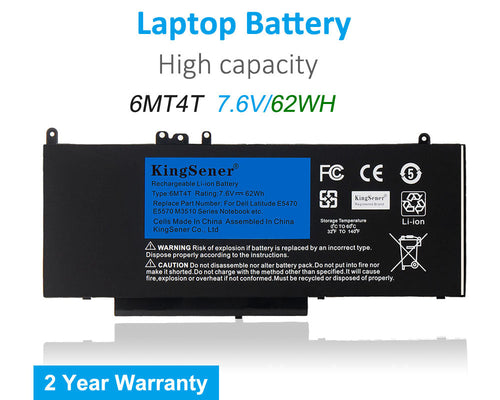 Dell 6MT4T 62WH replacement battery featuring detailed technical specifications and safety label