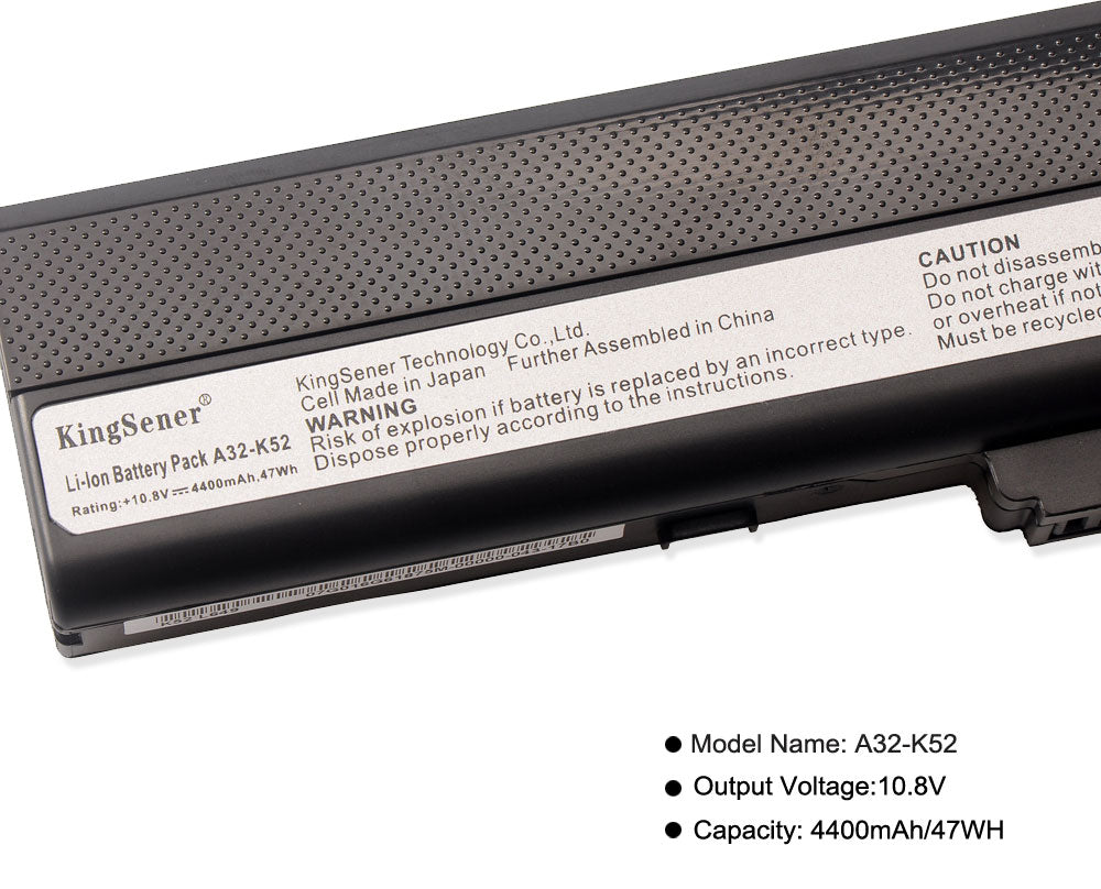 A32-K52 Laptop Battery for ASUS K52, 10.8V 47Wh, view of technical label and safety instructions.