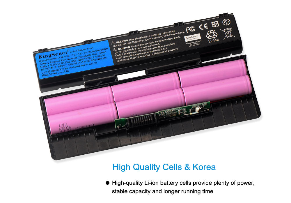 A32-N56 laptop battery for ASUS N56 N46 series, 10.8V 56Wh 5200mAh, black rectangular case with ribbed side and metal contact pins.