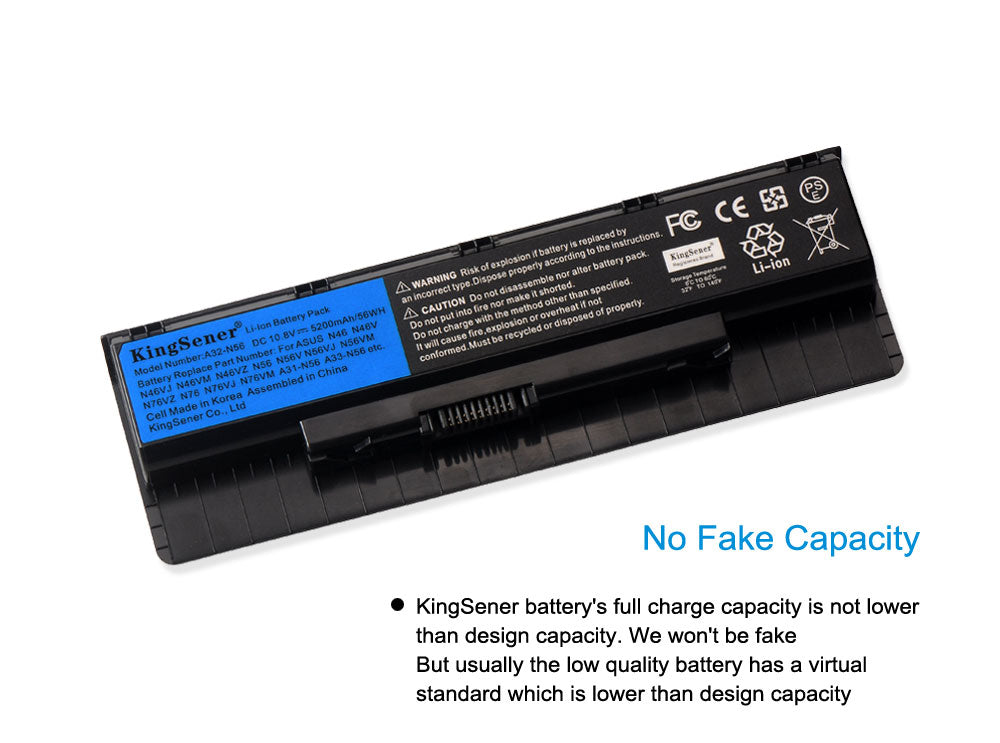 A32-N56 laptop battery for ASUS N56 N46 series, 10.8V 56Wh 5200mAh, black rectangular case with ribbed side and metal contact pins.