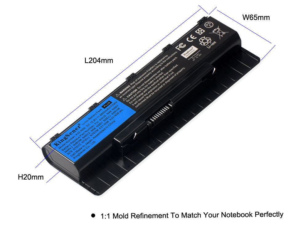 A32-N56 laptop battery for ASUS N56 N46 series, 10.8V 56Wh 5200mAh, black rectangular case with ribbed side and metal contact pins.