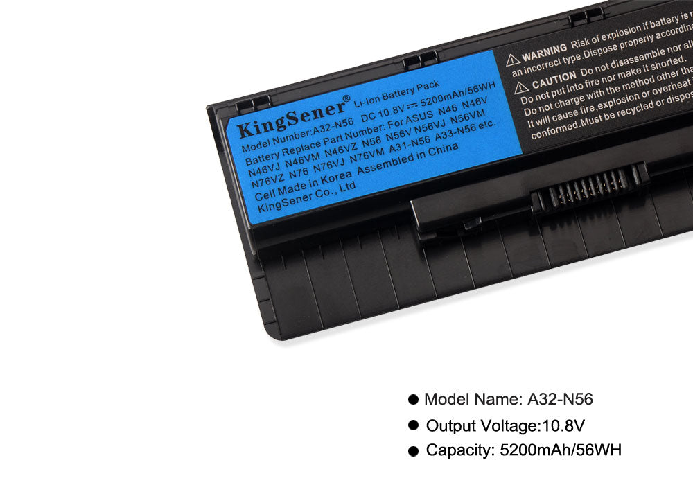 A32-N56 laptop battery for ASUS N56 N46 series, 10.8V 56Wh 5200mAh, black rectangular case with ribbed side and metal contact pins.