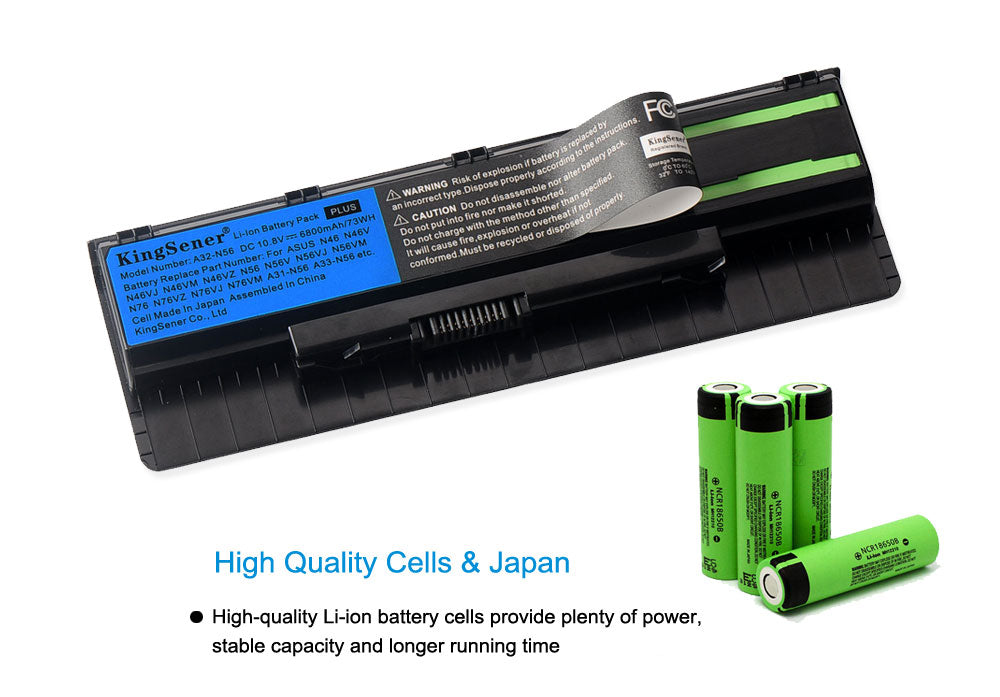 A32-N56 laptop battery for ASUS N56 N46 series, 10.8V 56Wh 5200mAh, black rectangular case with ribbed side and metal contact pins.