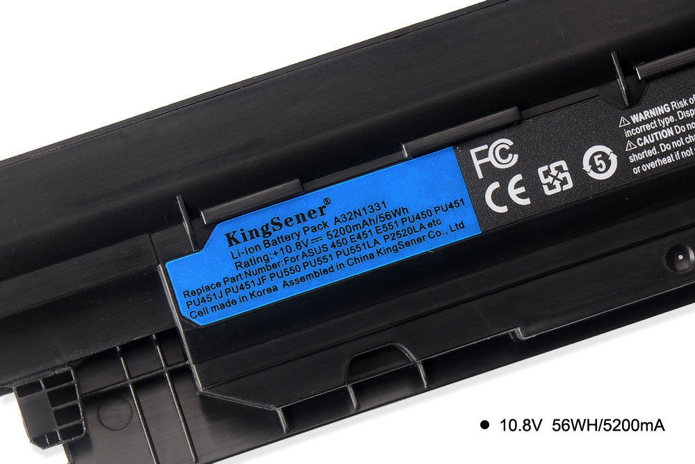 A32N1331 Laptop Battery for ASUS E451, 10.8V 5200mAh, top view of the matte black rechargeable pack.