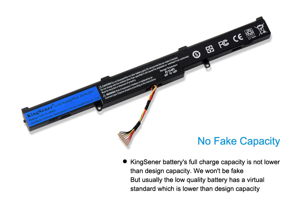 A41N1501 Replacement Laptop Battery for ASUS N552 N752 GL752, 15V 48WH, view of the multi-colored wire bundle and connector.