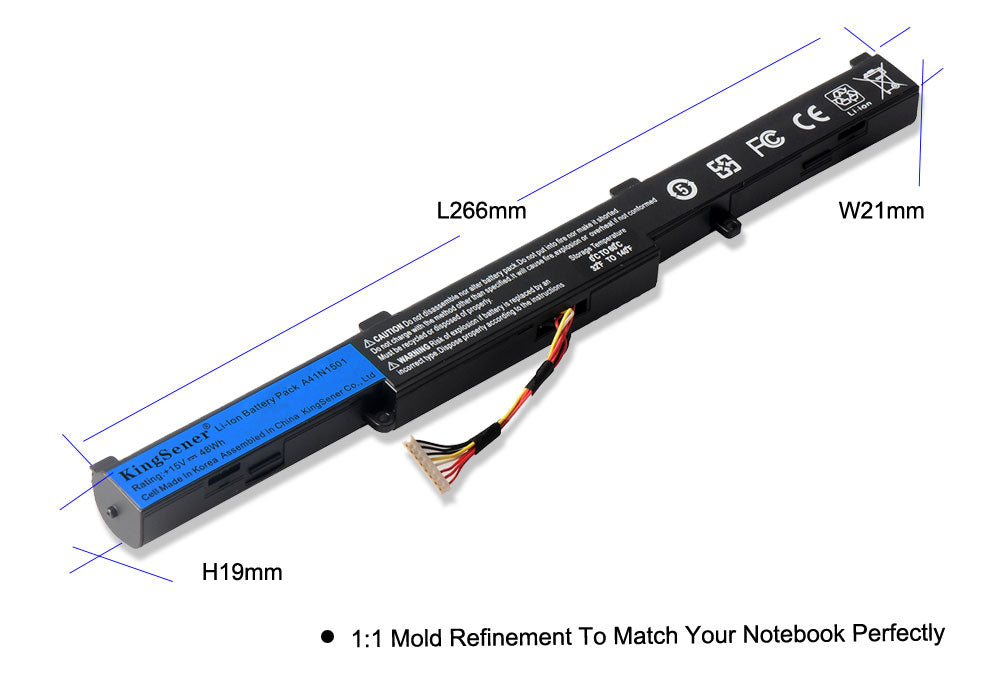 A41N1501 Replacement Laptop Battery for ASUS N552 N752 GL752, 15V 48WH, side angle showing mounting tabs and screw holes.