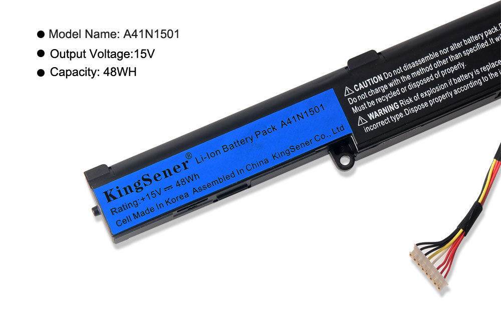 A41N1501 Replacement Laptop Battery for ASUS N552 N752 GL752, 15V 48WH, showing the 10-pin white plastic connector.