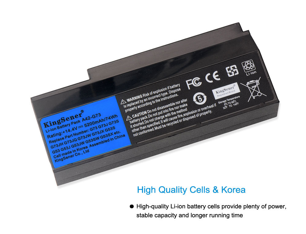 A42-G73 Laptop Battery for ASUS G73, 14.4V 5200mAh, front view highlighting the blue brand section.