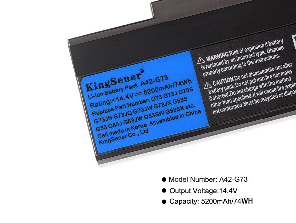 A42-G73 Laptop Battery for ASUS G73, 14.4V 74Wh, top view of the stepped rectangular battery unit.