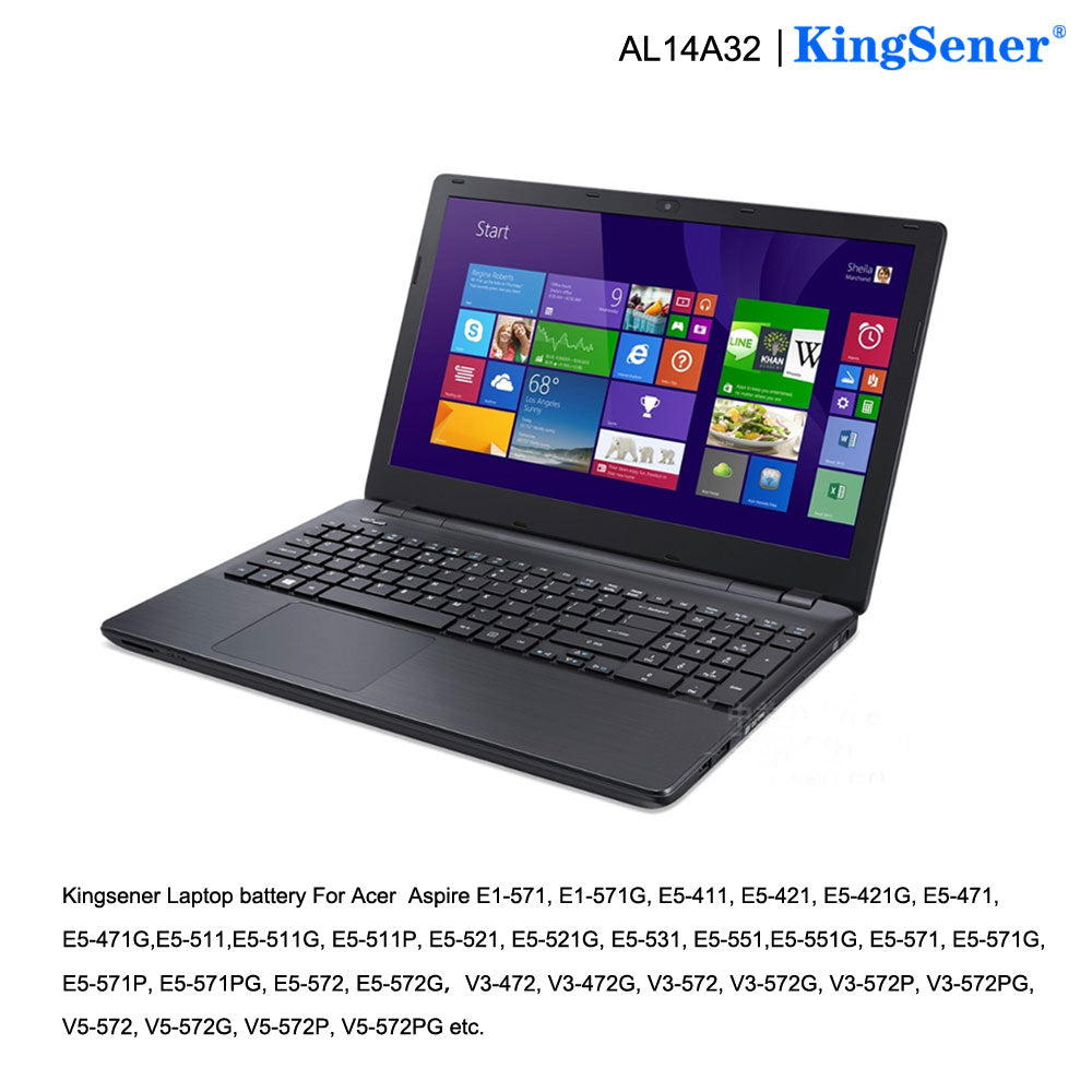 Batería KingSener AL14A32 para portátil Acer E14, E15, E5-411, E5-421, E5-471, E5-511, E5-551, E5-572, V3-572, AL14A32, 11,1 V, 56 Wh
