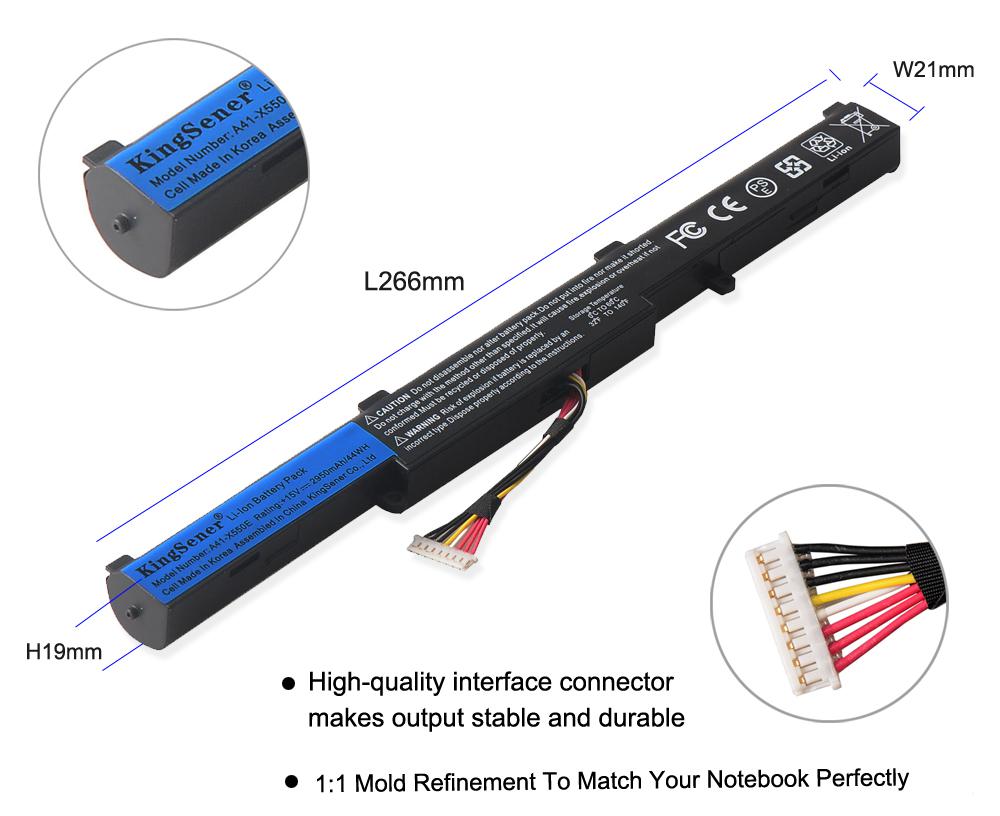 A41-X550E Laptop Battery for ASUS X450E, 15V 2950mAh, perspective view highlighting mounting tabs.