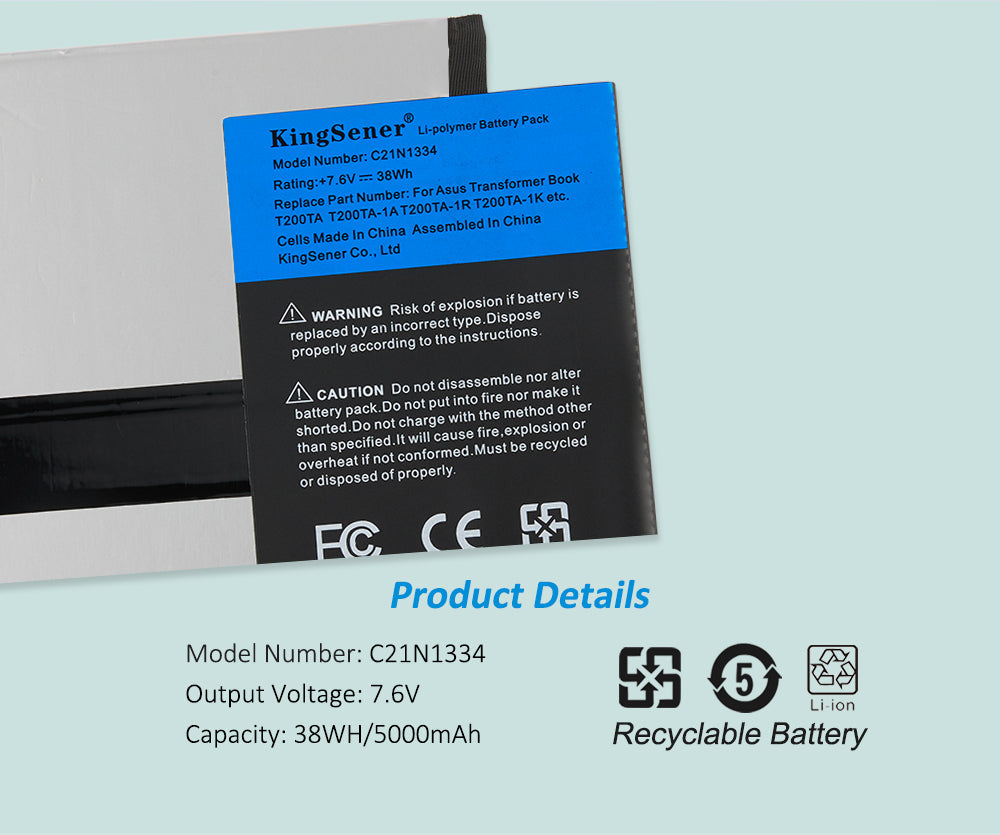 C21N1334 Laptop Battery for ASUS Transformer Book T200TA, 7.6V 38Wh, side edge showing Li-polymer cell structure.