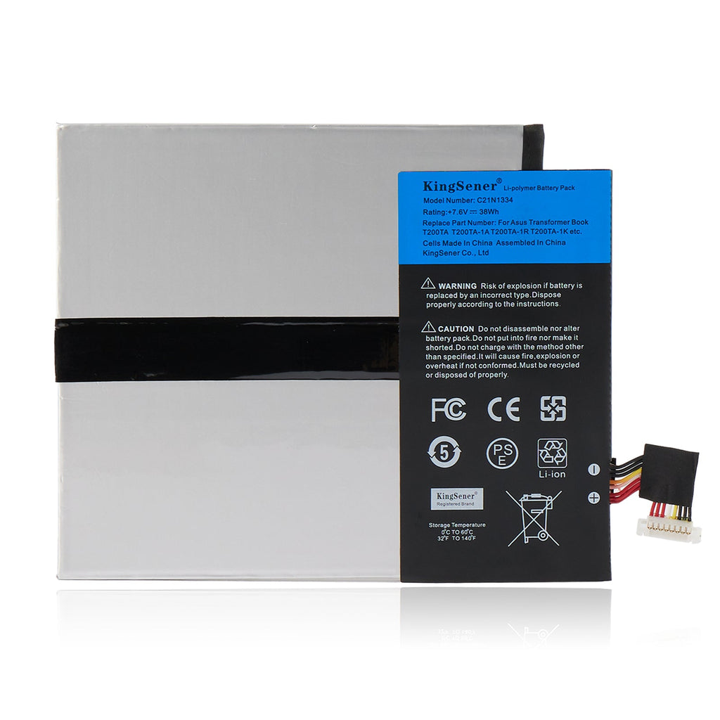 C21N1334 Laptop Battery for ASUS Transformer Book T200TA, 7.6V 38Wh, silver foil body with vertical blue label.