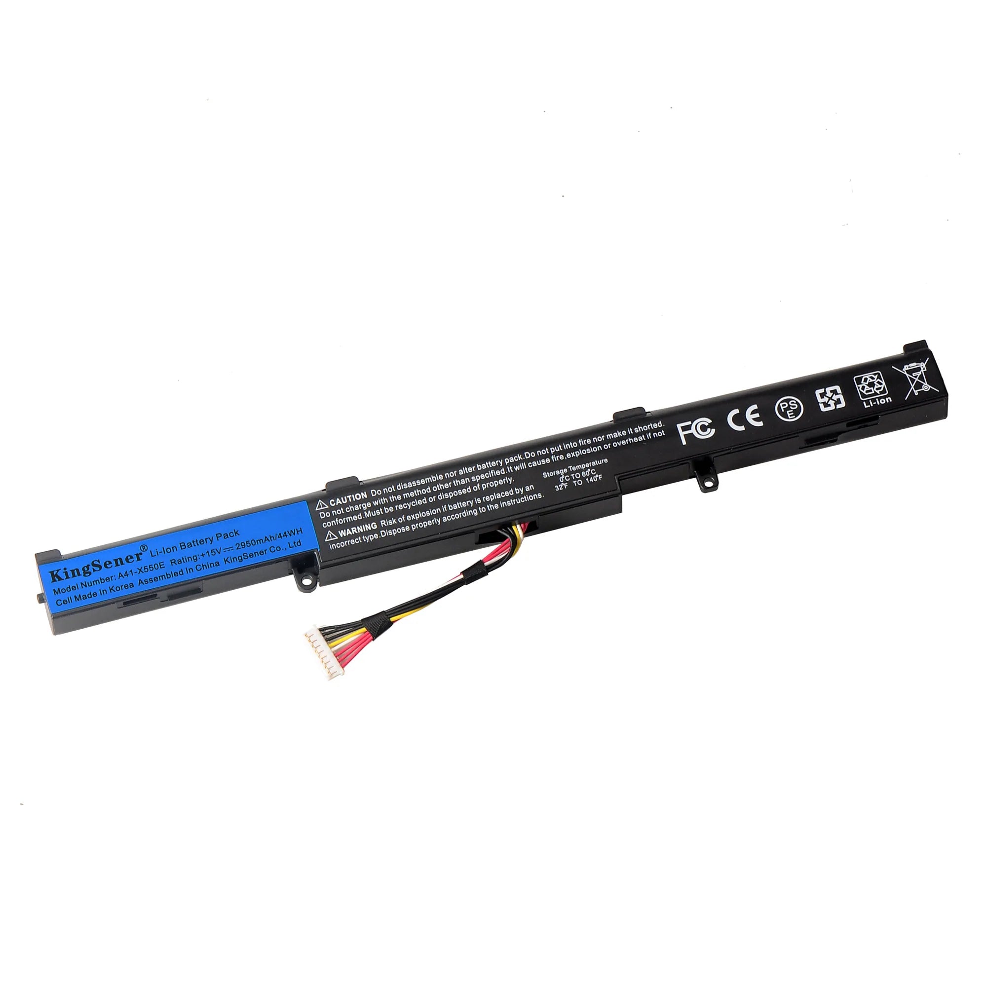A41-X550E Laptop Battery for ASUS X450E, 15V 44Wh, long black pack with wired connector.