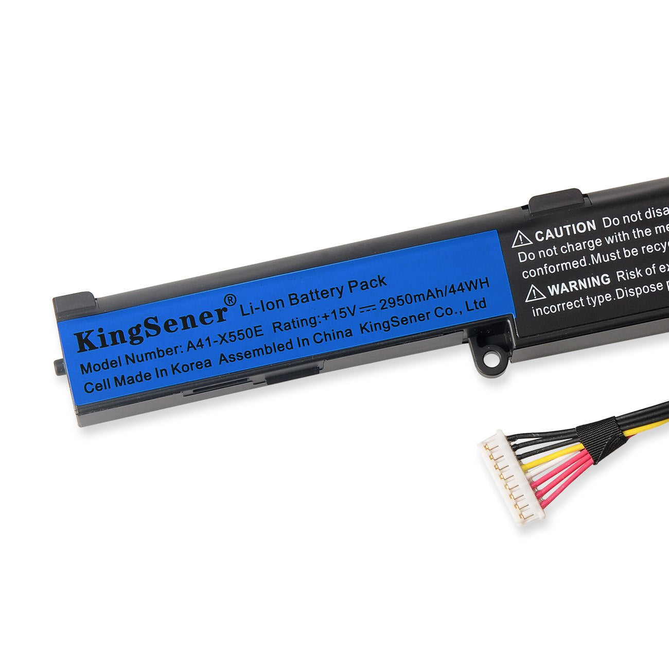 A41-X550E Laptop Battery for ASUS X450E, 15V 44Wh, view of the colored wires and white connector.