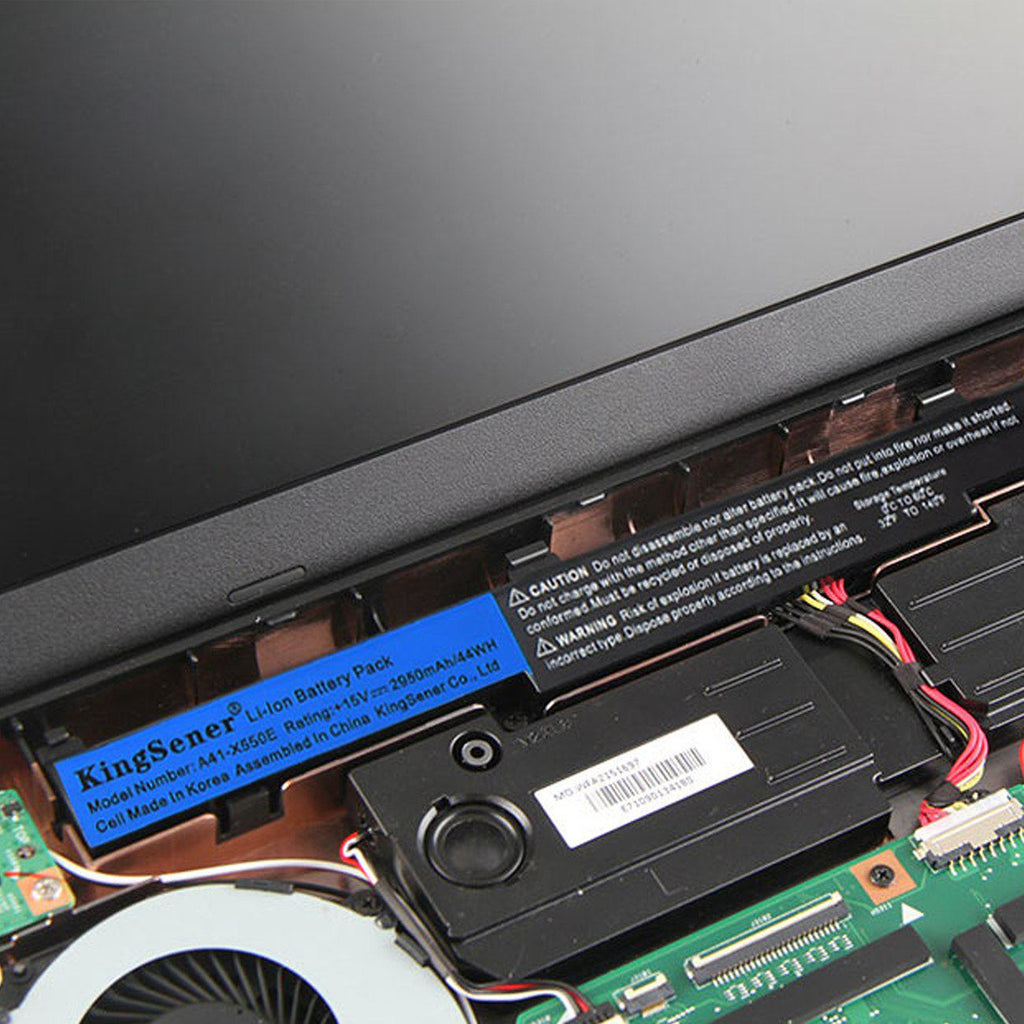 A41-X550E Laptop Battery for ASUS X450E, 15V 44Wh, regulatory icons and safety warning text view.