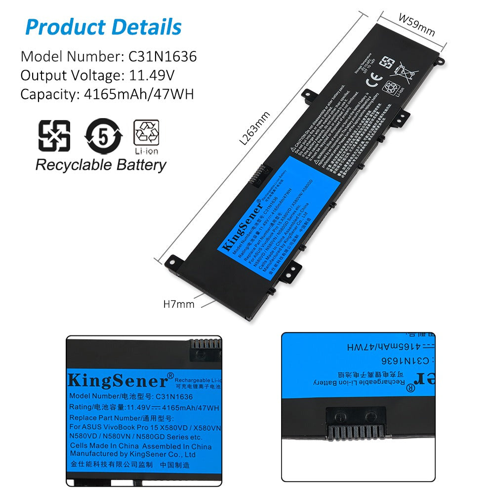 C31N1636 Laptop Battery for ASUS VivoBook Pro 15 N580VD, 11.49V 47Wh, close-up of multilingual safety warnings.