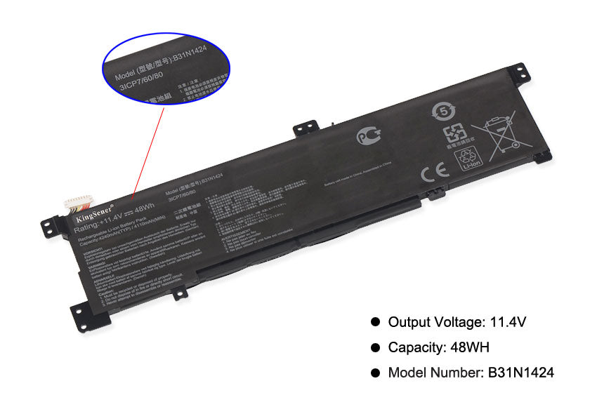 B31N1424 Laptop Battery for ASUS K401L, 11.4V 48Wh, technical label with safety certifications.