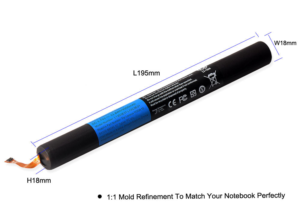 B8000 tablet battery for Lenovo Yoga B8080, 3.75V 9000mAh, close-up of the connector cable and multi-pin plug