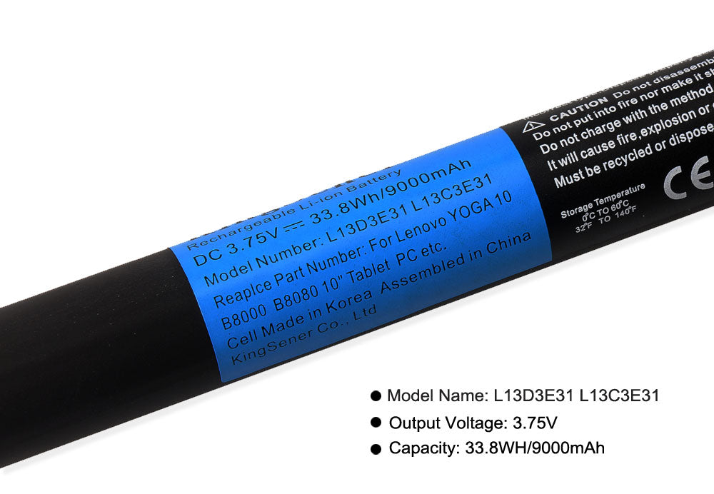 B8000 tablet battery pack for Lenovo, 3.75V 9000mAh, diagonal view of the 33.75Wh Li-ion polymer unit