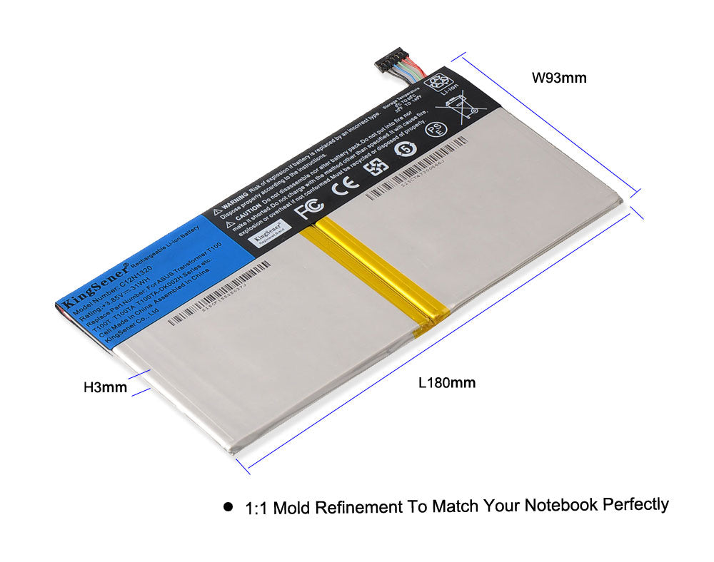 C12N1320 Replacement Laptop Battery for ASUS Transformer T100, 3.85V 31WH, view of the black information labels.