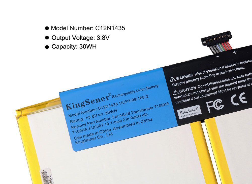C12N1435 Replacement Tablet Battery for ASUS T100HA, 3.8V 30WH, showing the full battery assembly with barcode sticker.