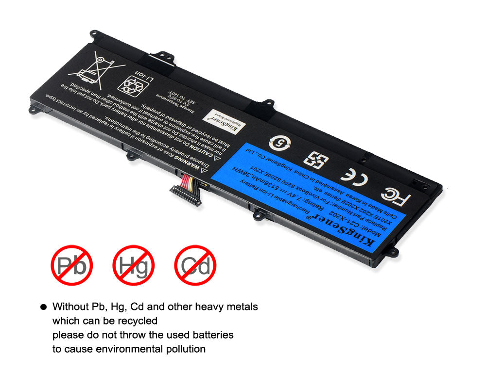 C21-X202 Replacement Laptop Battery for ASUS VivoBook X202E S200E, 7.4V 38WH, side angle view of the mounting tabs.