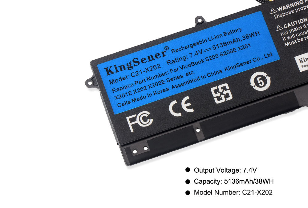 C21-X202 Replacement Laptop Battery for ASUS VivoBook X202E S200E, 7.4V 38WH, close-up of the safety warning text section.
