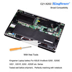 C21-X202 Replacement Laptop Battery for ASUS VivoBook X202E S200E, 7.4V 38WH, view of the KingSener branding on blue sticker.
