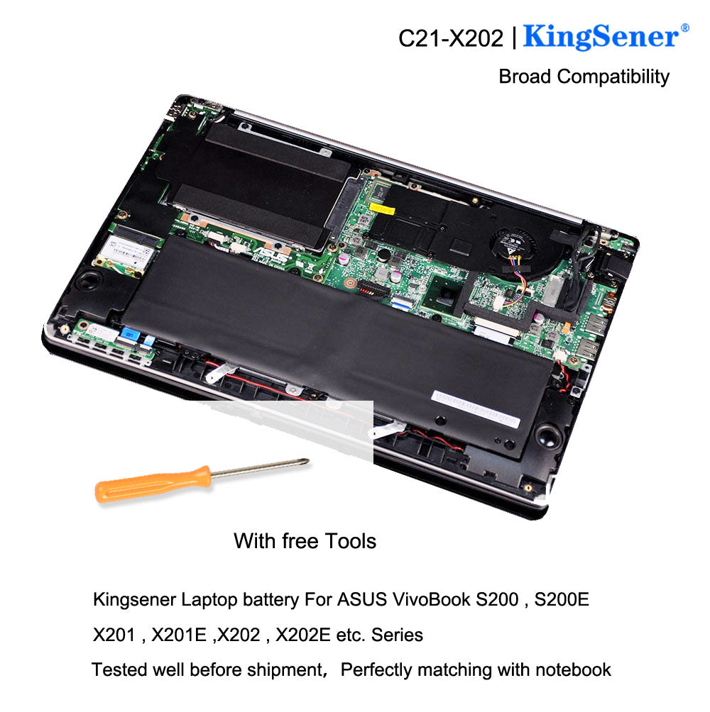C21-X202 Replacement Laptop Battery for ASUS VivoBook X202E S200E, 7.4V 38WH, view of the KingSener branding on blue sticker.