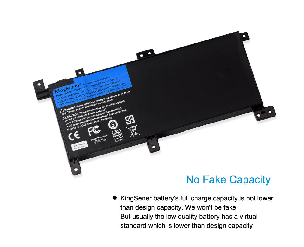 C21N1509 laptop battery for ASUS X556 series, 7.6V 38Wh, flat black rectangular pack with integrated mounting tabs and blue label.