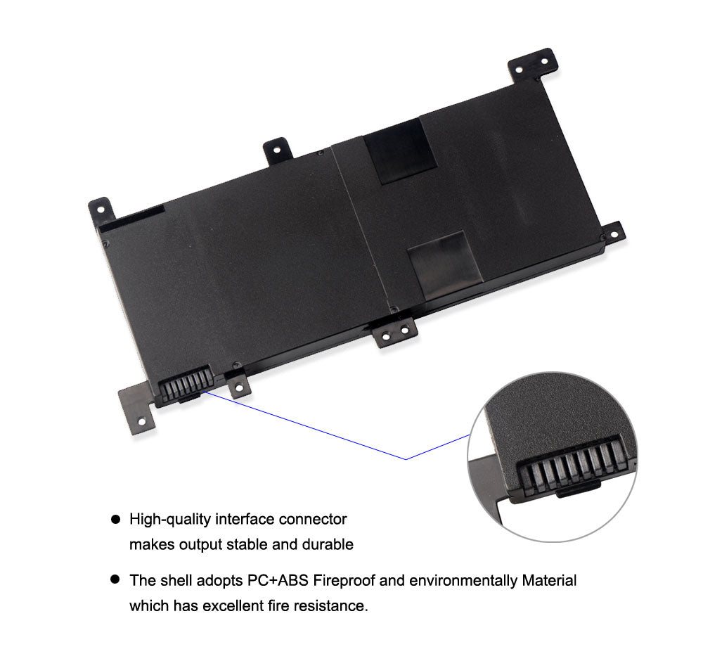 C21N1509 laptop battery for ASUS X556 series, 7.6V 38Wh, flat black rectangular pack with integrated mounting tabs and blue label.