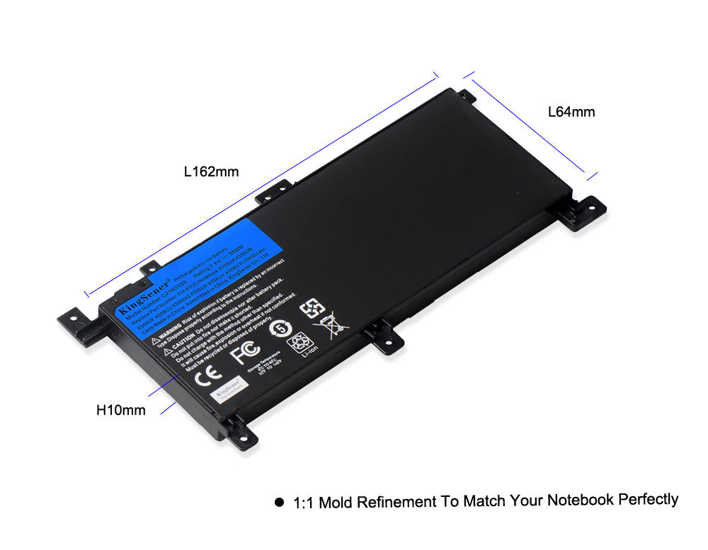 C21N1509 laptop battery for ASUS X556 series, 7.6V 38Wh, flat black rectangular pack with integrated mounting tabs and blue label.