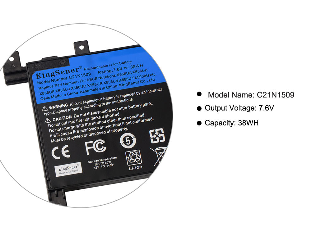 C21N1509 laptop battery for ASUS X556 series, 7.6V 38Wh, flat black rectangular pack with integrated mounting tabs and blue label.