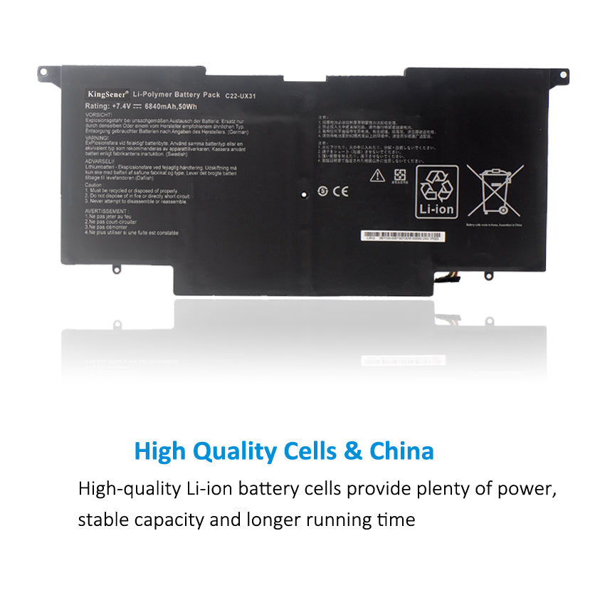 KingSener C22-UX31 華碩 Zenbook UX31 UX31A UX31E UX31E-DH72 C22-UX31 C23-UX31 7.4V 50WH/6840mAh 筆記本電池