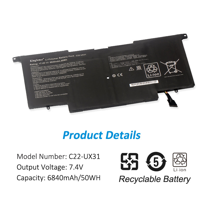KingSener C22-UX31 華碩 Zenbook UX31 UX31A UX31E UX31E-DH72 C22-UX31 C23-UX31 7.4V 50WH/6840mAh 筆記本電池