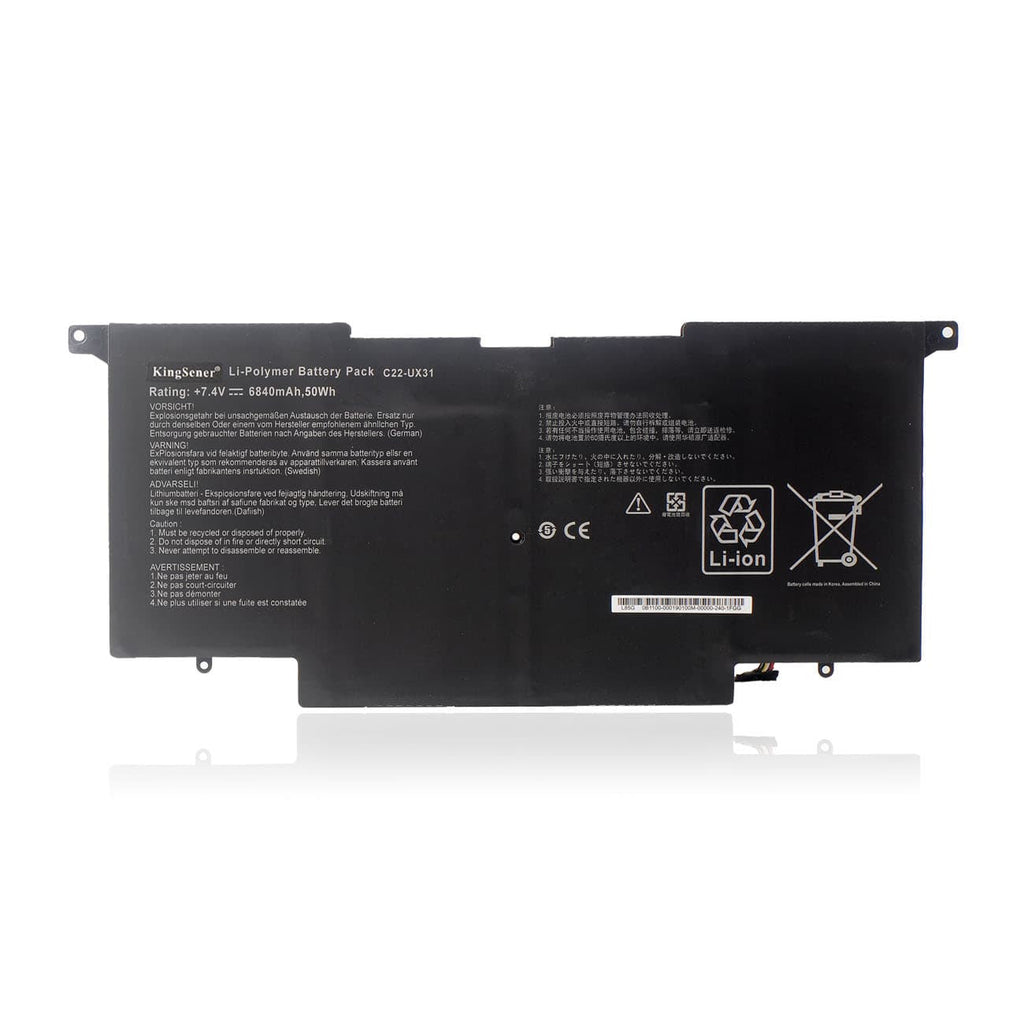 C22-UX31 Laptop Battery for ASUS Zenbook UX31 UX31A, 7.4V 50Wh, matte black inverted U-shape Li-Polymer pack with multi-colored wire connector.