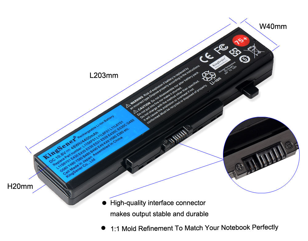 L11S6Y01 battery pack for Lenovo E430, 10.8V 48Wh, side view showing the slim profile and mounting clips