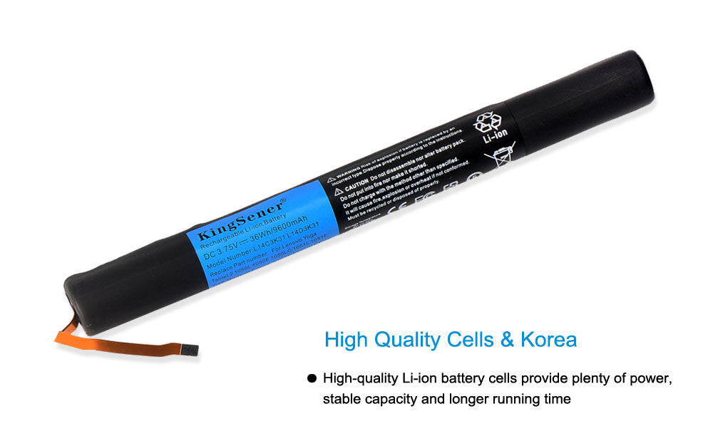 L14C3K31 rechargeable Li-ion battery for Lenovo Yoga Tablet 2, 9600mAh high capacity, cylindrical design with orange ribbon cable.