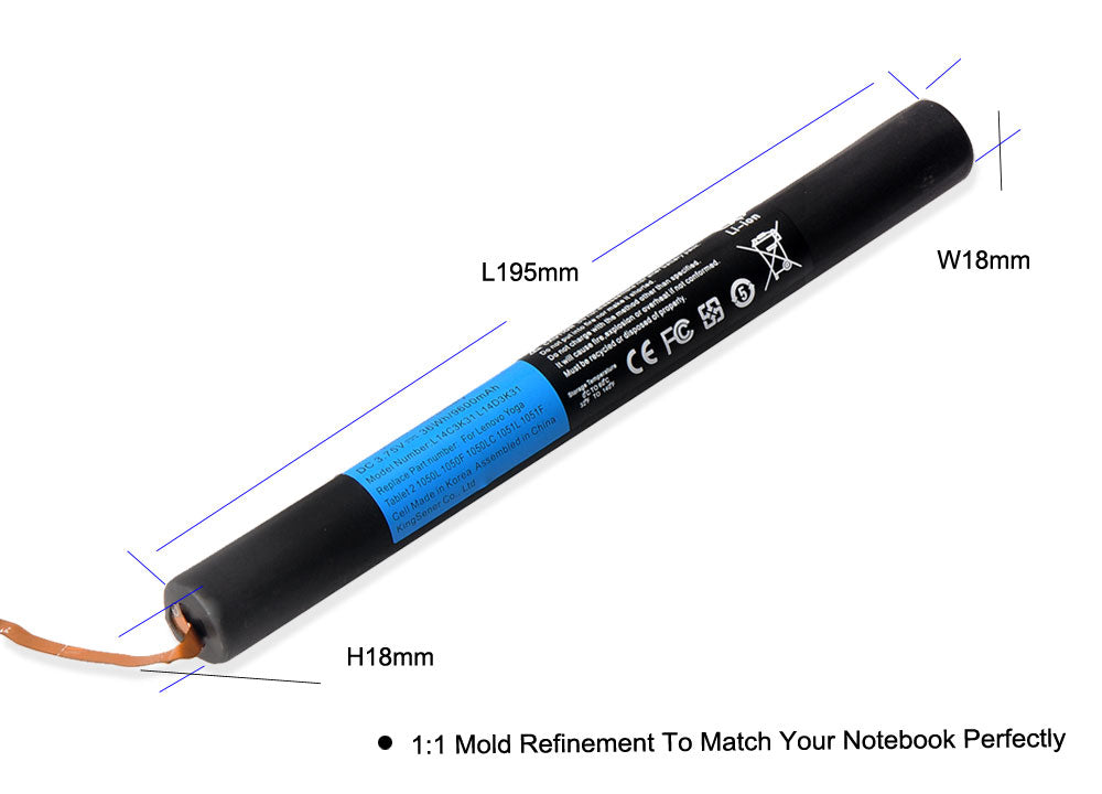 L14C3K31 cylindrical battery for Lenovo Yoga Tablet 2, 195mm x 18mm size, precise 1:1 mold detail with technical specs.