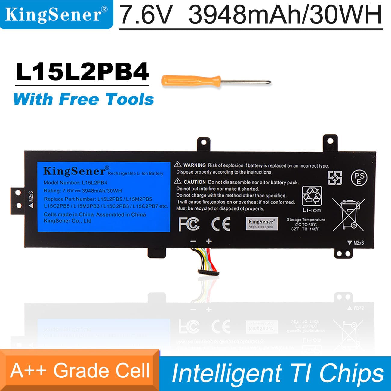 L15L2PB4 Laptop Battery for Lenovo IdeaPad, 30Wh, showing the internal battery unit with labels