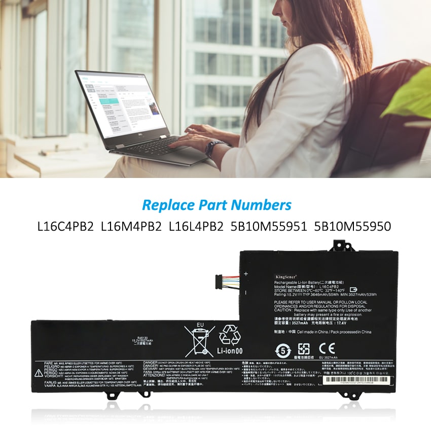 L16C4PB2 Laptop Battery for Lenovo IdeaPad, 15.2V 55Wh, showing the internal unit with black labels